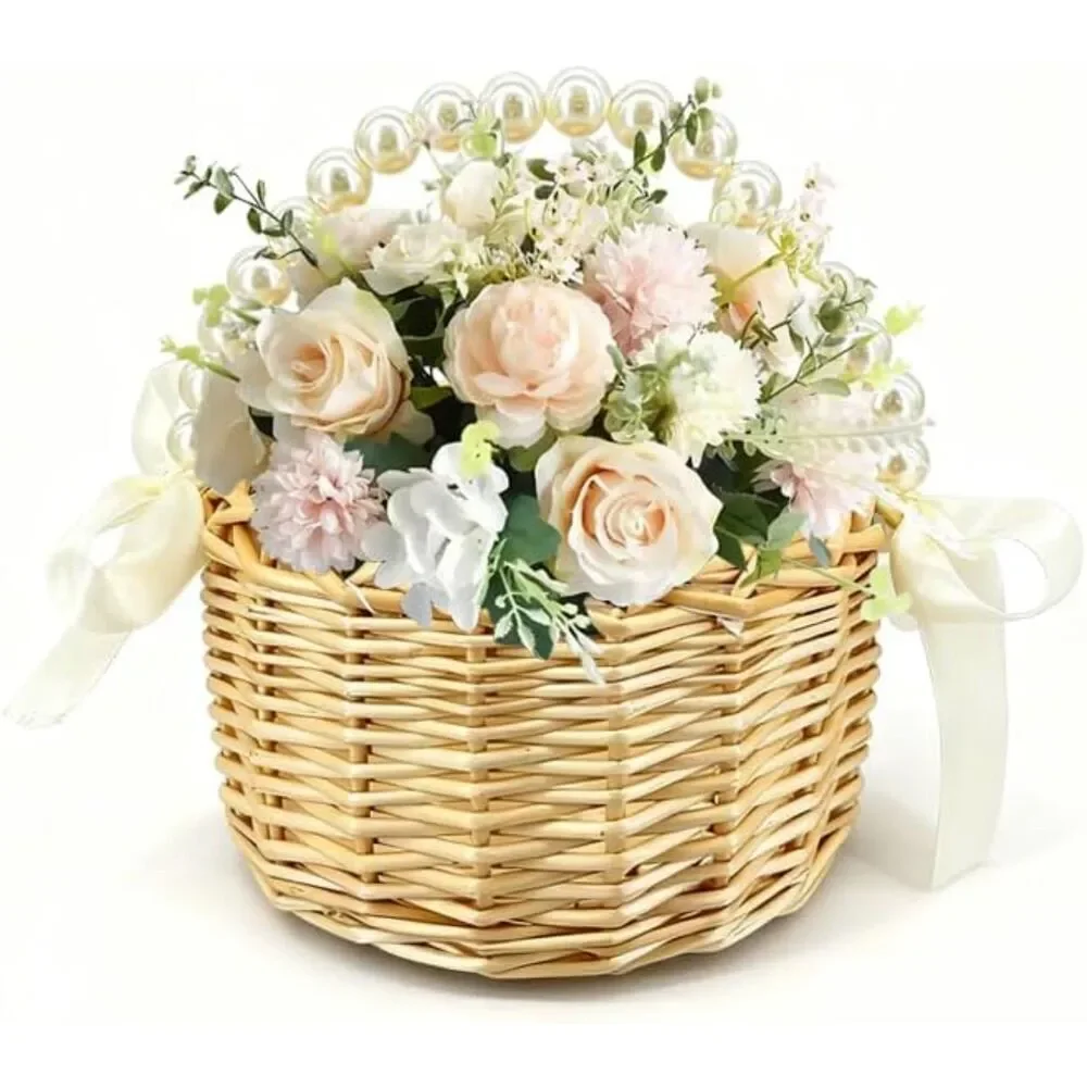 Wicker Rattan Flower Girl Basket With Bows Pearl Handle Flower Basket